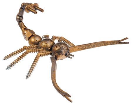 Handmade from car and motorcycle parts, scorpion. Arachnid made of motor bearing elements, drive chain, poultry, screws and other mechanical elements. Object isolated on a white background.の写真素材