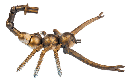 Handmade from car and motorcycle parts, scorpion. Arachnid made of motor bearing elements, drive chain, poultry, screws and other mechanical elements. Object isolated on a white background.の写真素材