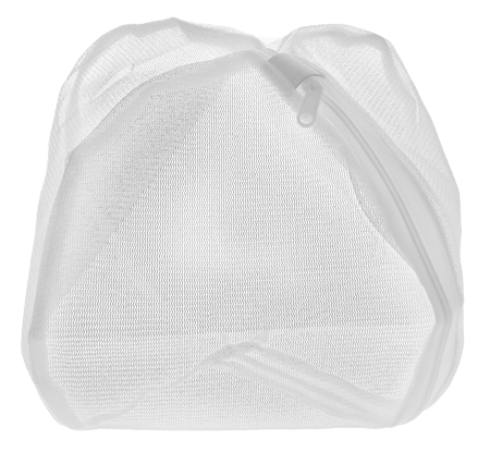 Empty wash bag for delicate clothes, shoes, underwear, bras. A laundry container made of white mesh, isolated on a white background.の写真素材