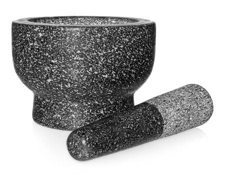 Granite mortar with pestle. Empty crushing dish, isolated on a white background.の写真素材