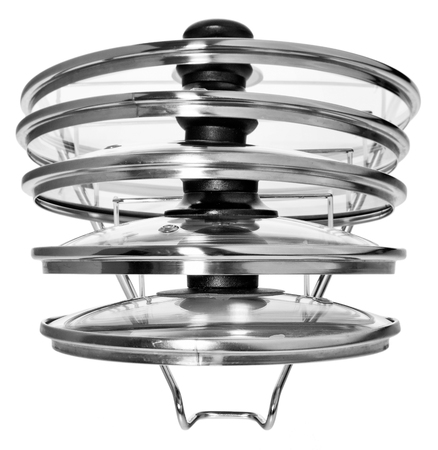 Kitchen hanger with glass lids for cooking pots. Hanger suitable for hanging on cupboards, kitchen rails. Made of aluminum, silver wire, isolated on a white background.の写真素材