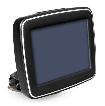 GPS car navigation with handle. Black electronic map device with blue screen and silver border. Satellite navigation device on white background.の写真素材