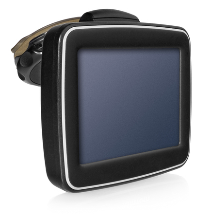 GPS car navigation with handle. Black electronic map device with blue screen and silver border. Satellite navigation device on white background.の写真素材