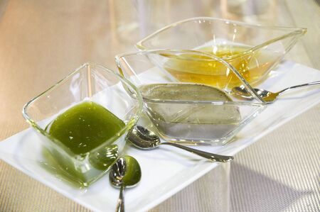 portuguese cuisine, soup served in a decorated glass dish for a gastronomic competitionの写真素材