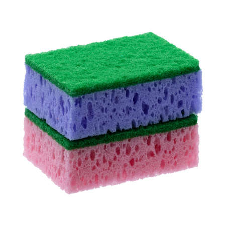 Close-up of kitchen sponge for dishes washing isolated on white backgroundの写真素材