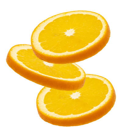 Flying juicy orange slices isolated on the white background.