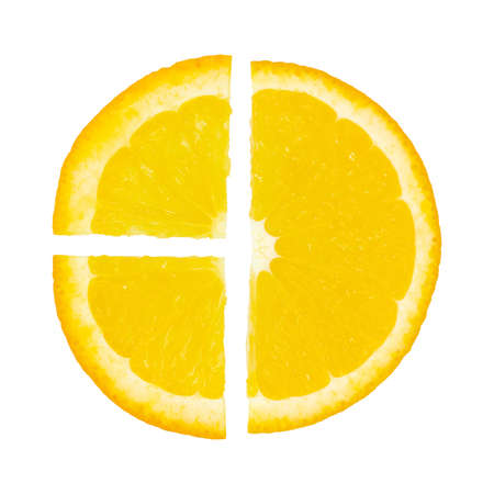 Top view of ripe slice orange citrus fruit isolated on white background.の写真素材