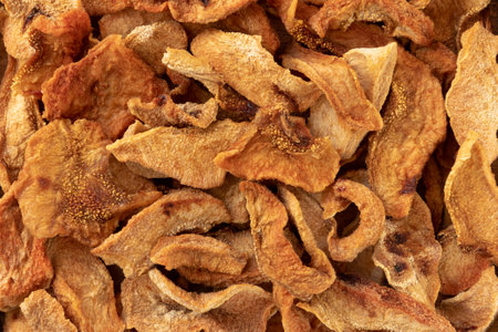 Dried sliced pears. Home harvesting dried fruits. Top view.の写真素材