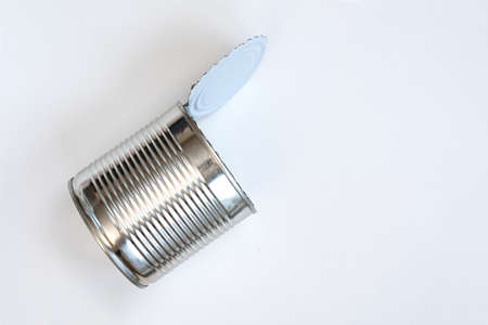 empty opened aluminum can isolated on white backgroundの写真素材