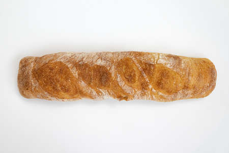 french baguette isolated on white background, loaf of crusty bread, fresh pastries, top view