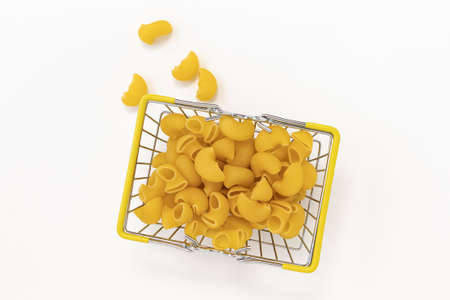 italian pasta in grocery basket from market on white background, flour products and food in cookingの写真素材