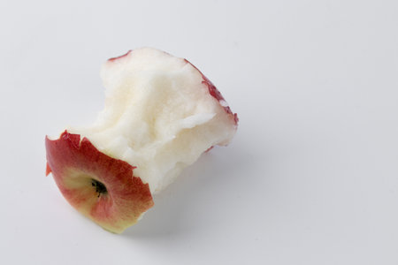 single red apple eaten down to core isolated on white background, stub of ripe fruit on white backgroundの写真素材