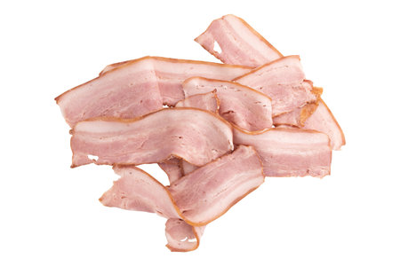 heap raw smoked bacon isolated, streaky brisket slices, fresh thin sliced bacon on white background