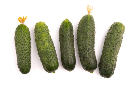 pile of fresh raw cucumbers isolated on white backgroundの写真素材