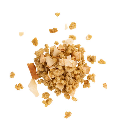 pile of granola isolated on white backgroundの写真素材