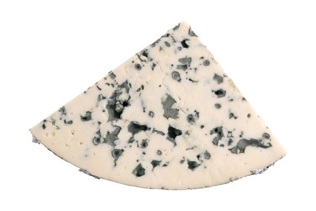blue mold cheese isolated on white background, triangle piece of cheese with moldの写真素材