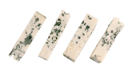 cheese with blue mold isolated on white background with clipping path, pieces of cheese with moldの写真素材