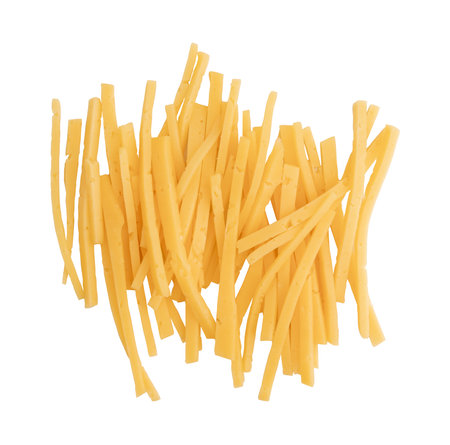 cheese cut into strips isolated on white background, top view