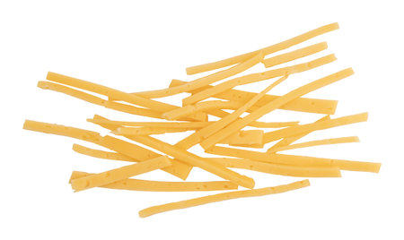 cheese cut into strips isolated on white background, top view