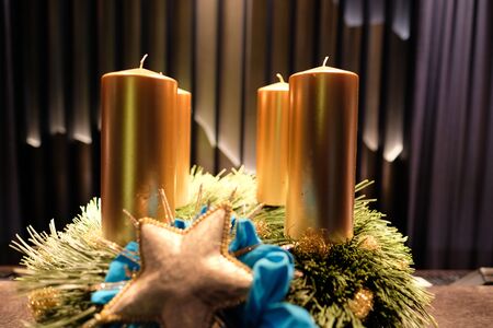 Luxury advent wreath with four golden candlesの写真素材