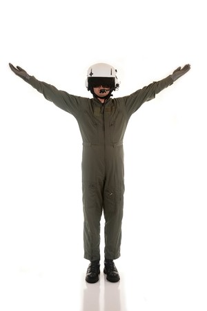 Military pilot with white helmet marshaling aircraft on a white background