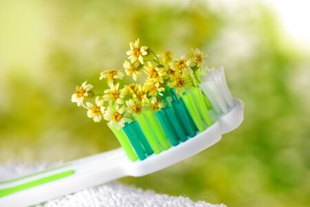 Toothbrush with tiny flowers. Healthcareの写真素材