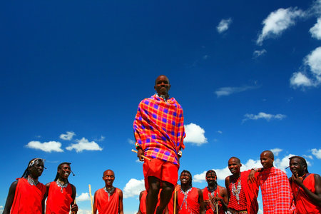 Masai warrior dancing traditional dance. Africa. Kenya. Masai Mara. のeditorial素材