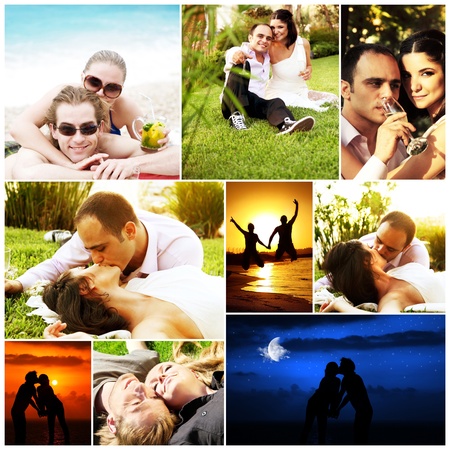 Love concept collage with various images of happy young couplesの写真素材