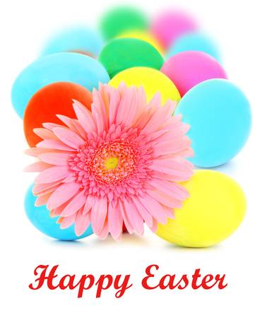 Colorful Easter eggs with flower isolated on white backgroundの写真素材