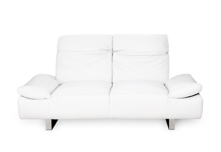 Comfortable modern sofa, white natural leather, elegant design, isolated on white background の写真素材