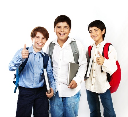 Happy schoolboys with thumbs up, back to school, boys holding books and smiling, isolated on white...