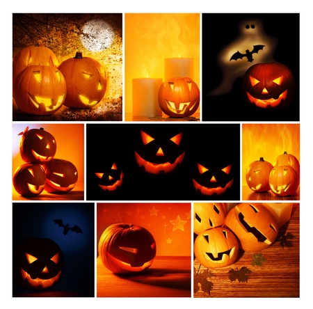 Halloween glowing pumpkins collage, holiday background, curved decoration creative design, traditional jack o lantern candlesの写真素材