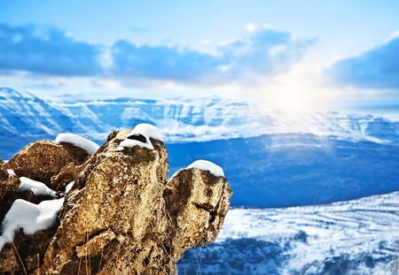Beautiful winter mountains landscape, bright sunrise in cold weather, beauty of nature, seasonal...
