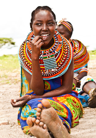 AFRICA,KENYA, SAMBURU,NOVEMBER 8: Portrait of Samburu  woman wearing traditional handmade accessories,  review of daily life of local people, near Samburu Park National Reserve, November 8,2008,Kenyaのeditorial素材