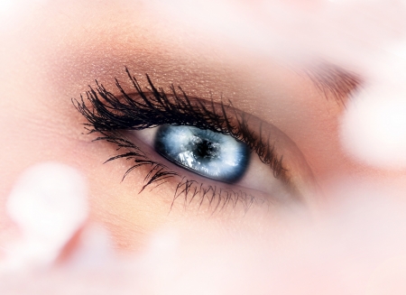 Photo of one beautiful blue female eye, ophthalmology clinic, eyes health care, natural makeup, black mascara, healthy lifestyle, medicine and cosmetics conceptの写真素材