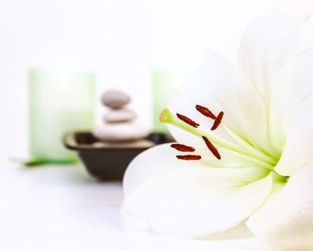 Photo of beautiful white lily flower, pebble stones, two candles, spa still life, dayspa, luxury beauty salon, hygiene items, bath objects, healthy lifestyle, organic cosmetics, resort concept
の写真素材