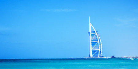 DUBAI, UAE - NOV 21: Burj Al Arab is 321m, second tallest hotel in the world, luxury hotel stands on an artificial island, November 21,2009 Jumeirah beach, Dubai, United Arab Emiratesのeditorial素材