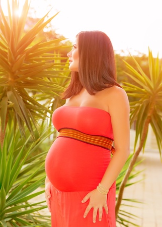 Healthy pregnant woman spending time outdoors, tropical park, warm sunset light, happy lifestyle, new life and maternity conceptの写真素材
