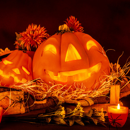 Scary Halloween decoration, festive still life, glowing carved pumpkin with candle and dry flowers, holiday of horrorの写真素材