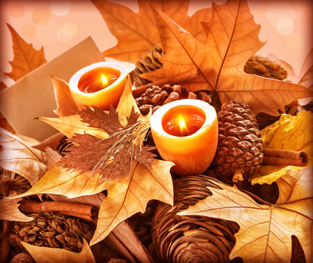 Beautiful still life for Thanksgiving day holiday, abstract natural background, greeting card, dry leaves, fir cones, two candles, happy celebration conceptの写真素材