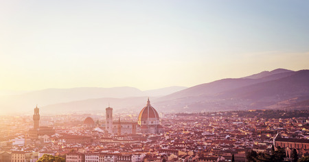 Panoramic cityscape, Cathedral Saint Mary of the Flower on sunset, Basilica di Santa Maria del Fiore in Tuscany Florence, Italy, Europe, amazing ancient sightseeingの写真素材