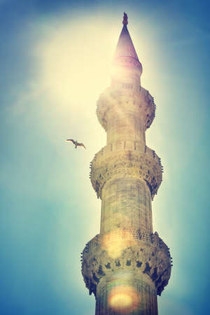 Photo of the dome over blue sky background in sunset light, famous religious landmark, Blue mosque...