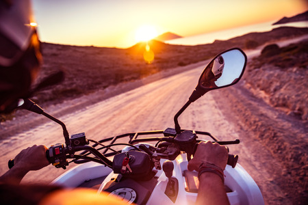 Travels on the bike, riding on the motorbike along Greece, active sportive summer adventure, driver...