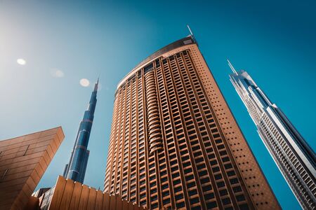 Luxury downtown of Dubai, bottom view on modern futuristic buildings, contemporary city, UAEの写真素材