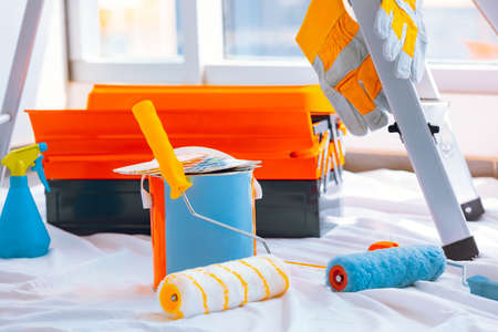 Still Life of a Renovation Equipment. Apartment Redecoration. Builder's Workplace.