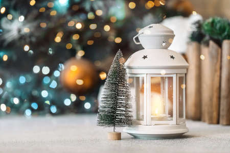 Lantern. Christmas Holiday Decorations. Traditional Winter Decor. Happy New Year.の写真素材