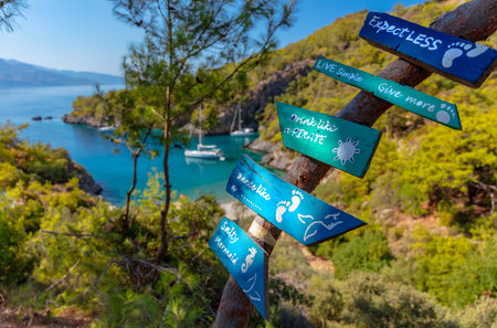 Amazing Lagoon among Green Mountains in Turkey. Wooden Signposts with Funny Directions. Perfect Place for Solitary Vacation.の写真素材