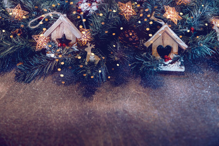 Christmas Tree Wooden Background. Vintage Decor. Border with Retro Decorations and Toys. Merry Christmas and Happy New Year. Winter Holidays Greeting Card.の写真素材