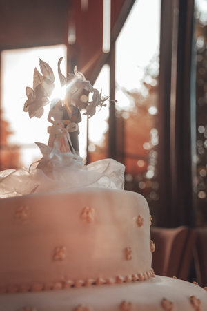 Tasty Wedding Cake with the Couple Figurine on Topの写真素材