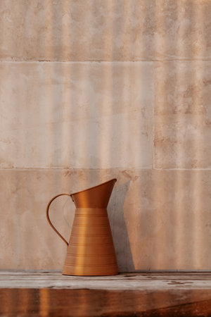 Beautiful Bronze Jug on a Beige Wall Backgroundの写真素材